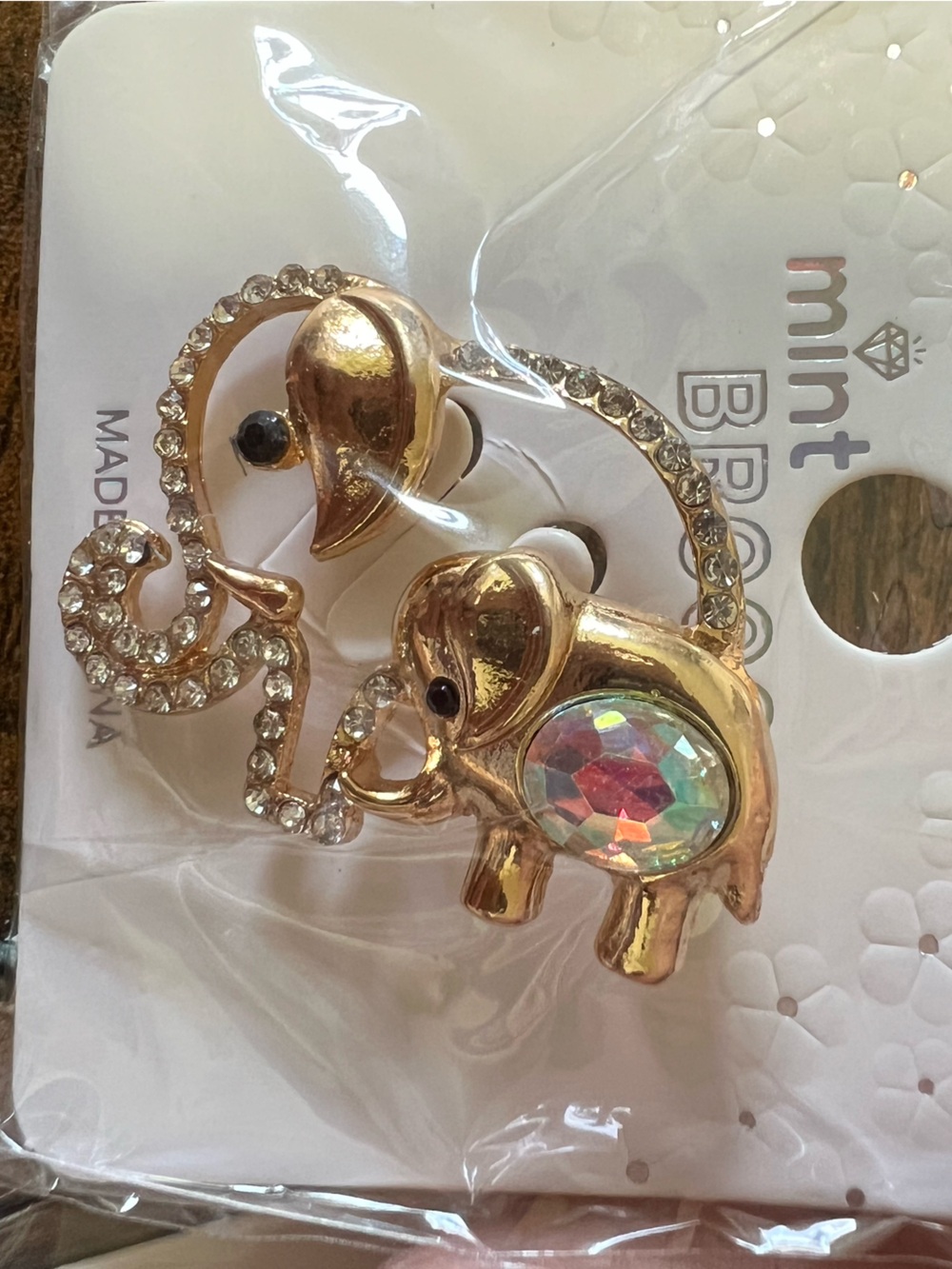 Mint Gold Elephant Brooch Set with Iridescent and Crystal Accents